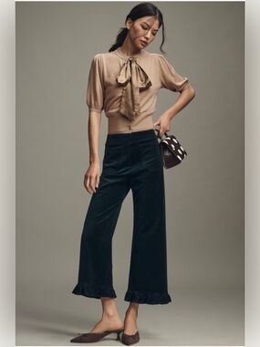 NWT Anthropologie The Colette Crop Velvet Ruffle-Hem Dark Hunter 31